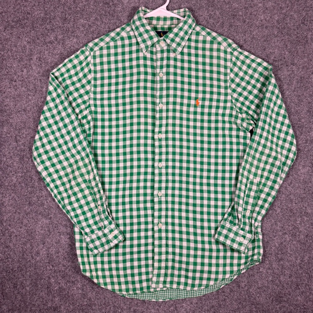 Ralph Lauren Gingham Button Down Shirt Mens Medium Green White Cotton Slim Fit‎